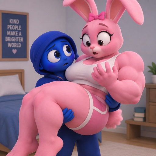 Pinki from Sprunki in Jevin From Sprunkis arms as her kind Wererabbit self noticing that she’s getting bigger and stronger 