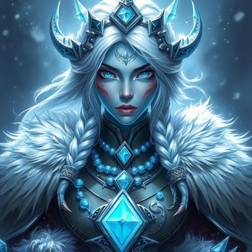 Create a character head to toe showing the whole character: Alvara the Frostheart – A tall, battle-hardened woman with pale, icy-blue skin that glimmers like frost in the sun. Her long silver hair flows in braids tipped with frozen beads. She wears heavy, fur-lined armor made from the hides of snow beasts. Her eyes glow faint blue. A frost-shaped crown rests lightly on her head.