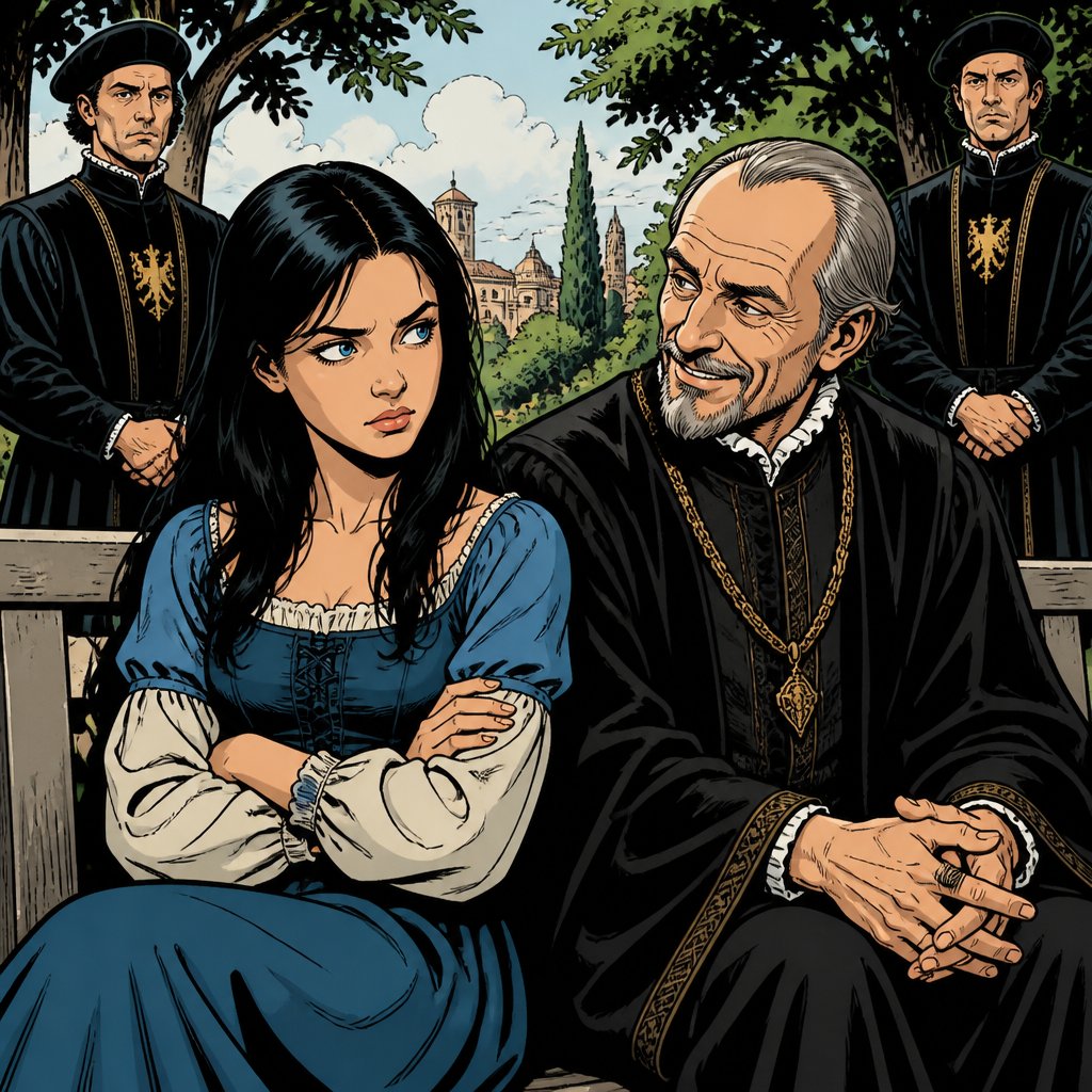 a girl about 16 with long black hair and startling blue eyes, angular face and an older man dressed in a black renaissance robe. The young girl is in a blue peasant girl costume. They are sitting beside each other on a bench in a secluded park .on either side are security guards dressed in black renaissance robes standing at attention. The characters faces should be highlighted and not flat. The old man is smiling, and the young girl looking at him is suspicious.