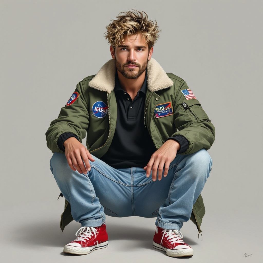 man with Dirty Blonde Unkempt Hair and Goatee. Astronaut Flight Jacket Black And White Polo and Light blue denim jeans with red sneakers