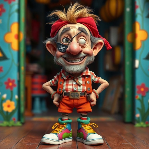 Create a funny adult guy name one eye Willy, who has one eye patched, show entire body head to toe 