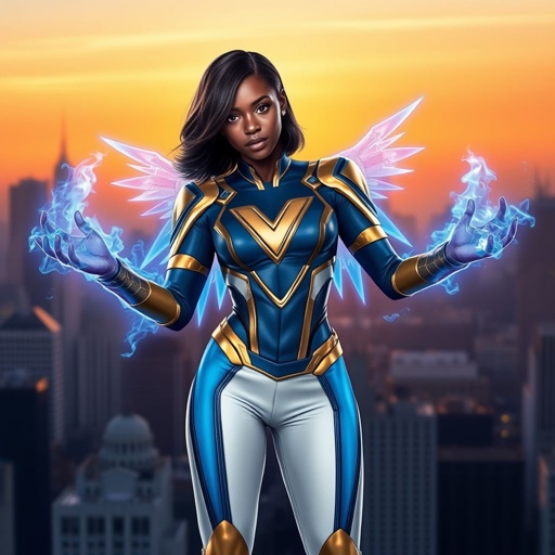 A young African American female superhero with shoulder length hair in a side part style wearing a blue and white suit made of spandex like material that’s slightly armored with gold accents with white pants and gold boots with a stylized V as her chest emblem with wings made of blue fire shooting blue fire out of her hands standing on a roof in a Philadelphia at dawn