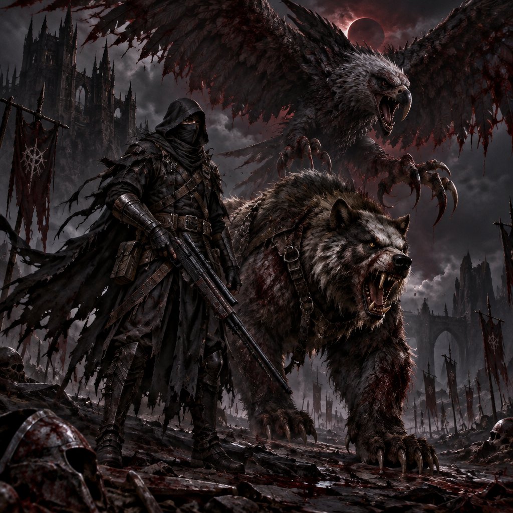 A ninja hunter, with rifle beside a half wolf/ half grizzly. Background giant vicious half eagle / half falcon in air