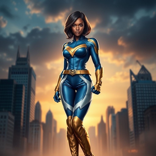 African American female superhero with hair  in a shoulder length side part hairstyle with pure Gold Glowing eyes wearing  slightly armored royal blue white and gold accented suit with royal blue pants and gold knee length boots with a utility belt with a gold V  as her chest emblem in Philadelphia 