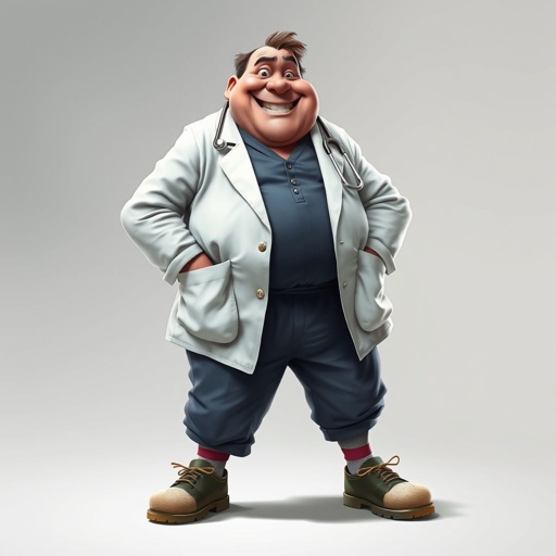 .. create a fat doctor. Who is funny human looking from head to toe. And he always immediately results to surgery for anything even small things. So please be sure to show his whole outfit head to toe. Make him have 1 tooth. Make it more adult humor instead of cartoon humor.