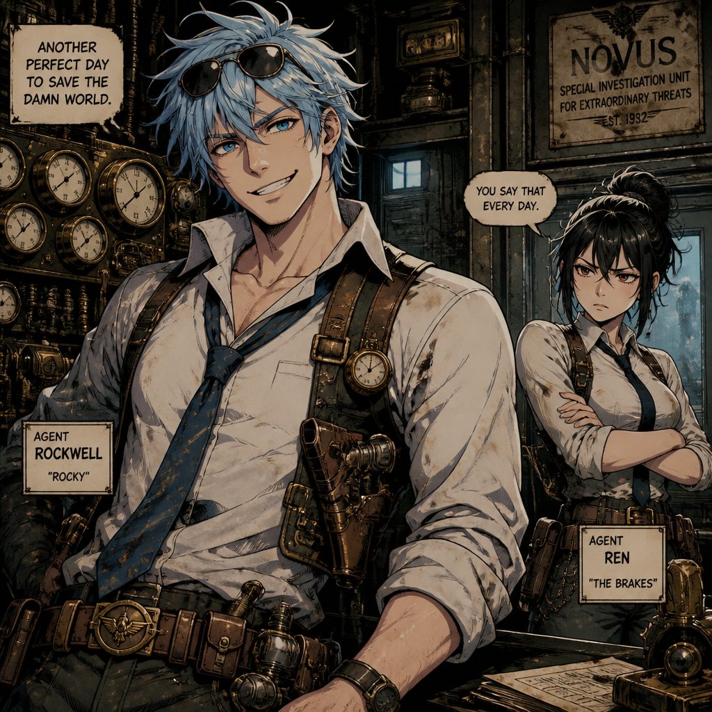 Comic Anime Agent Rockwell very poof up messy hair half side longer and drooped down hair is a light blue skin color white, very bright blue eyes, wears a suit tie is loose, he doesn't wear his jacket his collar to his shirt is uneven sunglasses on his head He's know for his mischievous and reckless behavior but takes missions very seriously is one of the best agents they have Ren is Rockwell's partner is very serious and organized opposite of Rockwell, get very annoyed at Rockwell's behavior they tend to argue with each other but Rockwell is more of having fun|