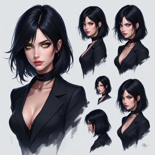 Show character head to toe. Create hero woman jet-black hair is cut sharpand her eyes seem to pierce through darkness. A shadowy aura clings to her form,