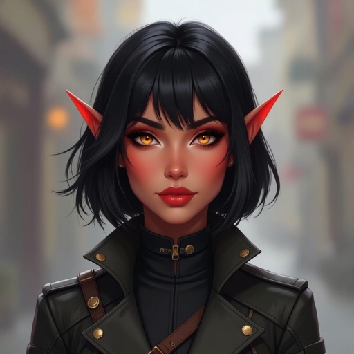 A female tiefling with short black hair in a bob cut with bangs has red skin and orange eyes, tiefling rogue, female tiefling, red skinned female, female with black hair, female with orange eyes, tiefling female, female rogue, dnd rogue, dnd female. MUST HAVE RED SKIN