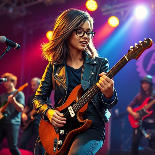 A teenage African American woman with glasses shoulder length brown hair with highlights in a side part style wearing black leather jacket with blue accents black jeans a dark blue shirt on a stage playing a Flying V electric guitar with a band