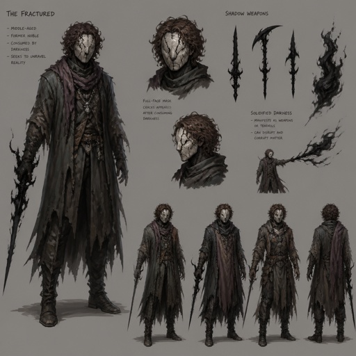 Male Villian with darkness solidification, ragged , weapons made of shadows, mask covers whole face,curly brown hair, cracks, middle aged, multiple of the same character 