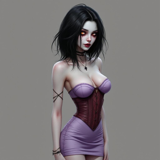 Peaceful Hollow One Zombie Girl shoulder length Black Hair with a Shock of White. She wears a Lavender strapless skin tight mini dress. With a dark red corset
