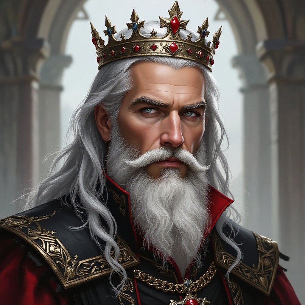 King. Silver hair. Beard. Pale skin. Grey eyes. Middle aged. Wearing black and red doublet.