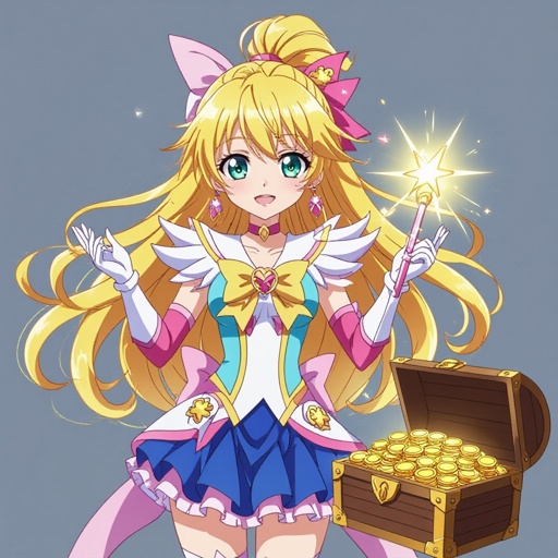 Magic girl designed using the colors of the Luckia logo with a chest of gold coins