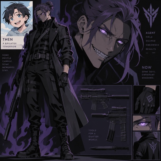 Agent Ward male, made to be a weapon, hair violet messy bun, clean shaven, night vision eyes no goggles, sharp teeth, dark power, tall, intimidating, he's used as a weapon,when he was younger he used to be very happy boy and appreciate many things in life he used to have,blue eyes,black hair hair was neck long and nicely brushed , used to be very cheerful
