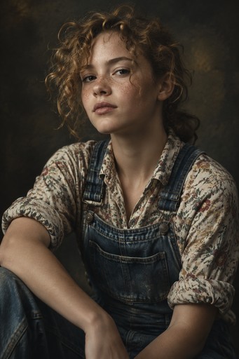 Portrait of a tomboy with curly sandy hair and freckles in overalls with a floral shirt under it.