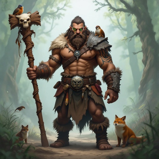 Kael the Beastbound – A rugged, broad-shouldered man with brown skin and a rough beard, wearing armor made from bone and leather. deep green eyes tattoos of animal tracks spiral down his arms. He carries a massive wooden staff carved with the shapes of beasts, and small creatures often perch on his shoulders or follow at his feet.