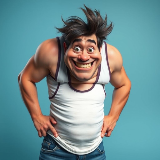 Create a funny looking man who’s jeans and tank top is so tight head to toe