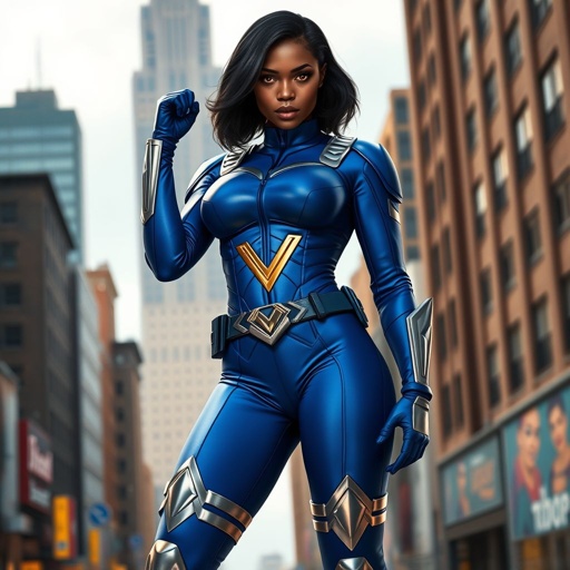 African American female superhero with hair  in a shoulder length side part hairstyle with pure Gold Glowing eyes wearing  slightly armored royal blue and silver accented suit with royal blue pants and silver knee length boots with a utility belt with a gold V  as her chest emblem in Philadelphia 