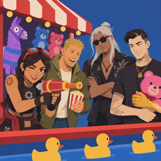 Jules from Fortnite, Jones from Fortnite stubble , Kado Thorne from Fortnite white hair, Midas from Fortnite, all at a fair, playing games, all wearing casual clothes 