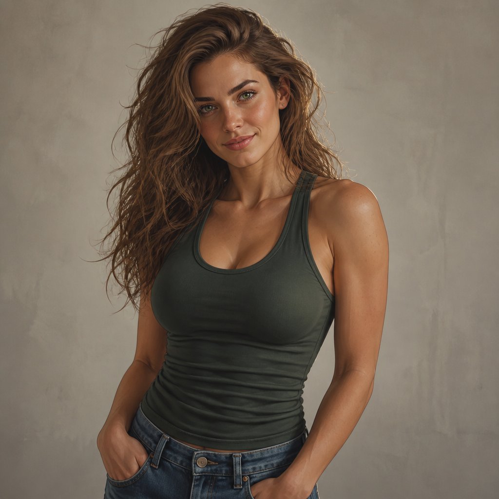 A 26-year-old woman with a confident, energetic, approachable personality. She is 5’8” with an athletic, fit build and natural feminine proportions. She has striking green eyes and light brown hair with a soft natural wave, falling around her shoulders with plenty of natural volume. Her face is attractive but approachable, with expressive eyes, natural features, and a strong but feminine appearance. She has a confident tomboyish style with a subtle feminine side. She wears practical, casual clothing that suits someone who is physically active, such as a fitted athletic tank top and comfortable jeans or athletic pants. Her clothing should feel modern and understated rather than glamorous or overly revealing. Her expression is relaxed and confident, with a genuine playful smile. She should have the presence of someone comfortable in her own skin—strong, capable, and energetic without looking intimidating or overly serious. Semi-realistic JRPG-inspired character art, grounded human proportions, natural facial features, realistic skin texture, expressive green eyes, detailed naturally wavy hair, soft cinematic lighting. Avoid exaggerated anime features, oversized eyes, excessive makeup, model-like posing, or unrealistic body proportions. She should look like a real young woman translated into a polished semi-realistic JRPG art style. Three-quarter character portrait, neutral simple background.