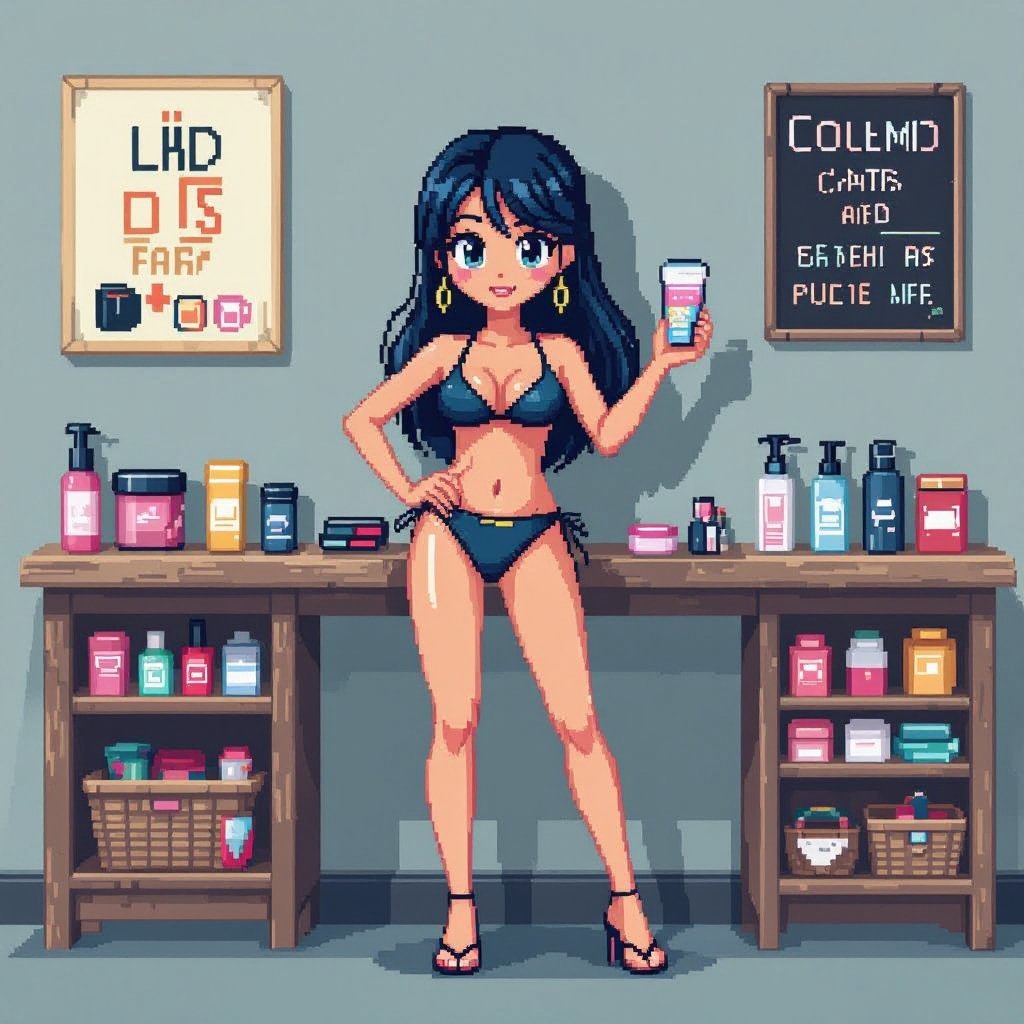 Create a character showing there whole body head to toe, a lady who loves beauty products  