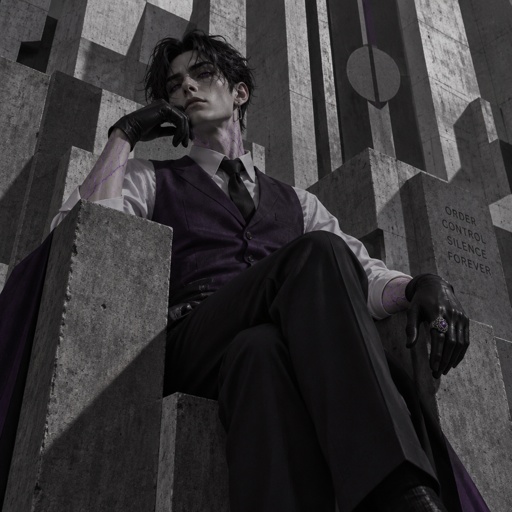 Male, slim, slight eye bags, black messy hair, back hair, brushed side hair, strands of hair in the middle of forehead, ear piercing ring, gloves, purple glowing veins, purple vest, white shirt, no facial hair, bad guy,