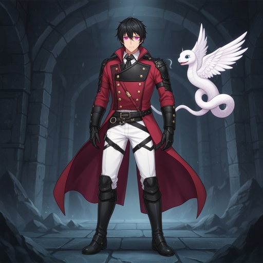 DnD, adult human man, in his 20s,  tall, black short hair, Fuchsia purple eyes, white pants, black boots, black armor, red double breasted greatcoat, gold buttons, black belts,
tiny friendly elegant white winged snake flying next to him