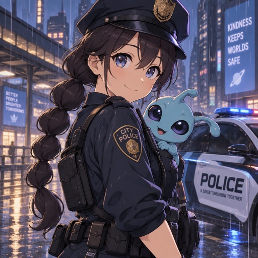 Female, rainy, police, bubble braid, alien 