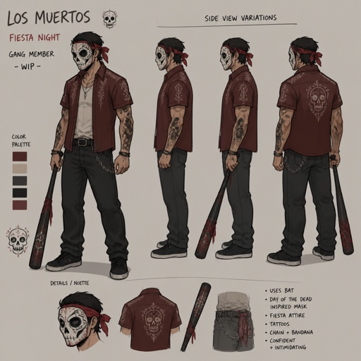 Male Villian, fiesta, mask, gang member, uses a bat, wip, multiple of the same character 