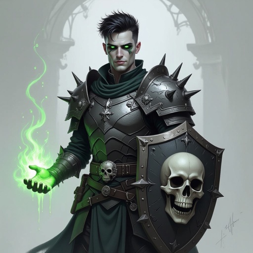 Male Cleric with heavy armor, and a shield white skin and short black hair. Green magic coming from his hands