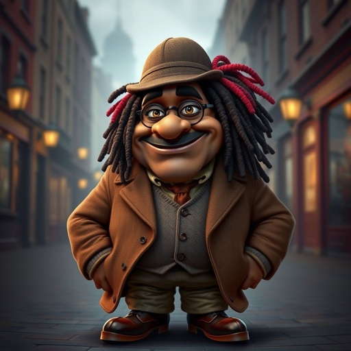 Create a funny serious fat character similar to Sherlock Holmes, but make him of black decent and with dread locks. Show his whole outfit including his shoes.