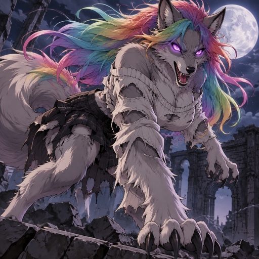 Full werewolf, long rainbow hair, purple eyes, shredded sweater, shredded skirt