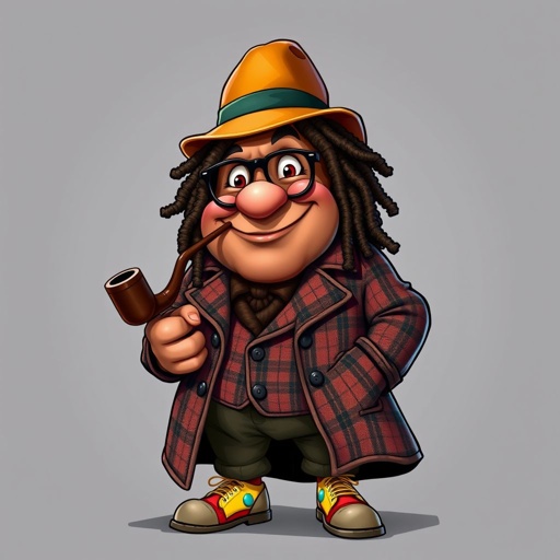 Create a funny fat character similar to Sherlock Holmes, but make him of black decent and with dread locks. Show his whole outfit including his shoes.