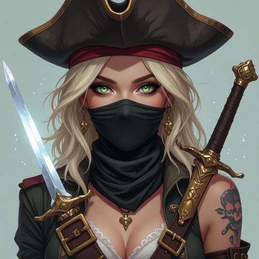 5’7” tall blonde hair almost white bright green eyes human keeps face covered 130 lbs Ghost form tattoo on right arm Duel wielding crystal rapier blades pirate captain