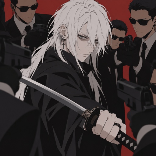 Anime style, male, name kai, highly skilled in fighting all fighting styles and weapons, long long white hair half in face, dark bags,white skin,earrings, history unknown,holding a sword,surrounded by the agency