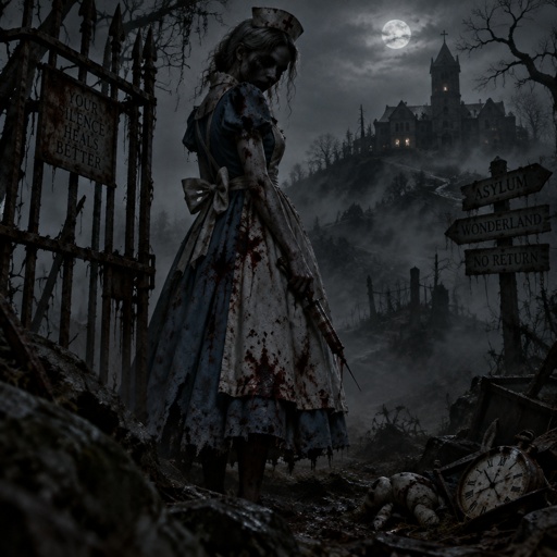 Silent hill with the nurse from the silent hill movie but in Alice’s dress from Alice in wonderland 
