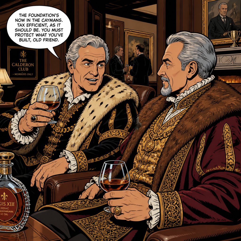 Vivi colours no speech bubble no print dots too very wealthy gray haired men in ostentatious Renaissance robes are drinking brandy in an exclusive contemporary men’s club. One is speaking to the other highly realistic, lots of skin tone.
