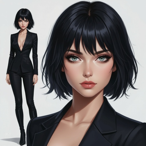 Show character head to toe. Create hero woman jet-black hair is cut sharpand her eyes seem to pierce through darkness. A shadowy aura clings to her form,