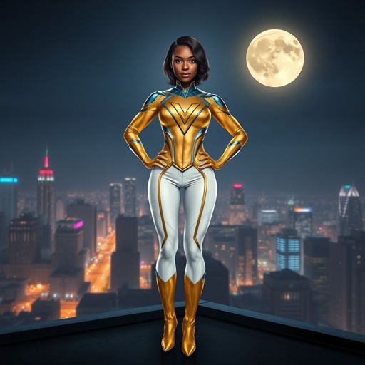 African American female superhero with shoulder length hair in a side part style wearing a gold and white suit with blue accents with white pants and gold boots with a stylized V as her chest emblem standing ona roof in a Philadelphia at night