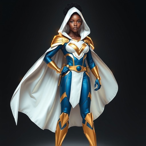 A teenage African American female superhero  wearing a white  cloak with a hood over a professionally made slightly armored white and blue suit with blue pants gold accents and a stylized V as her chest emblem a utility belt and gold boots
