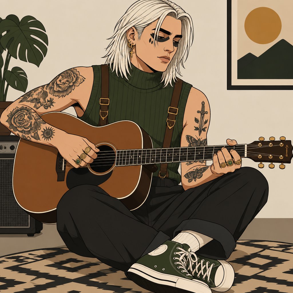 Male, shoulder length straight white hair, grey horizontal lines in hair, under eye mascara, multiple gold ear piercings, tear tattoo under eye, arm tattoos, multiple rings, sleeveless green turtle neck, brown suspenders, green tennis shoes, playing guitar