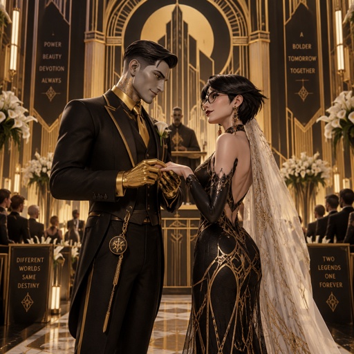 Midas from Fortnite, Bayonetta from super smash bros with short hair, getting married