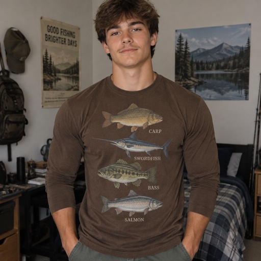 Carp Fish Swordfish Bass Fish Salmon Fish Print Brown Long Sleeves Shirt, Muscle Human, Male, Teen Boy, Brown Hair, Pencil Mustache