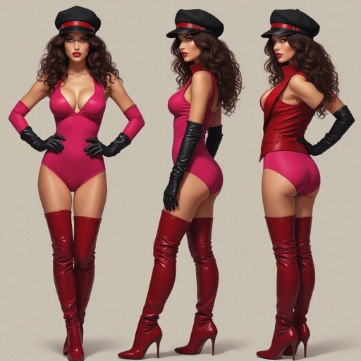 Dark Brown Frizzy Haired Spy Thief in a Tight Hot Pink Bodysuit Dark Red Thigh High Pump Boots. Black Biker Gloves. Black and Red Newsboy Cap. Matching Red open Vest to her boots