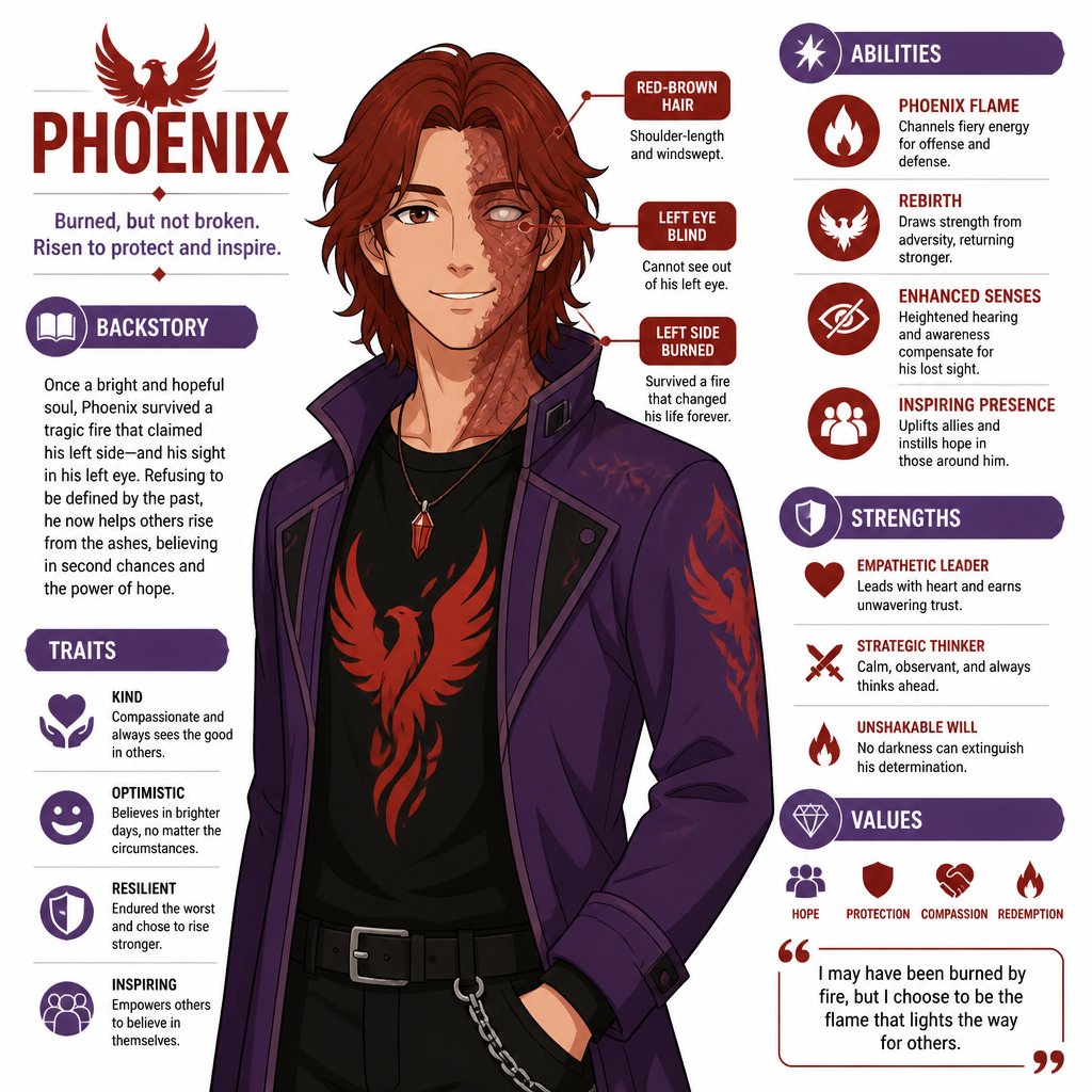 Male red brown hair shoulder length his whole left side all burnt brown eyes left eye blind both open kind eyes, sweet smile black shirt with a phenix on it and a nice purple jacket