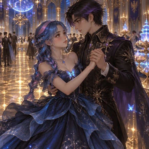 A 17 year old girl who has blue hair with pink and purple stripes and hazel eyes. She is wearing a dark blue dress that has layers. The inner layer is a lighter blue that fades into a soft white. There’s no strap on her left side. The top comes together at her right side and is held together by a blue butterfly which had a prince of clear fabric hanging from it. Her hair is in a low brain that hangs over her shoulder. She stands in a forest surrounded by white trees. She’s dancing with an 18 year old prince who has black hair with purple stripes and blue eyes. He is wearing a black shirt and black pants. He wears a small wicked smile and the girl looks at him in annoyance. They are dancing in a big room with other people. There’s two tables on either side of the dance floor. The floors are gold and the room is light. The tables are full with food. 
