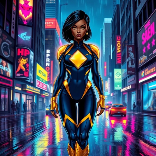 African American female superhero with hair in a shoulder length side part hairstyle with pure Gold Glowing eyes wearing a navy blue and gold accented suit with navy blue pants and gold knee length boots with a diamond with the top half gold and the bottom half black as her chest emblem in Philadelphia