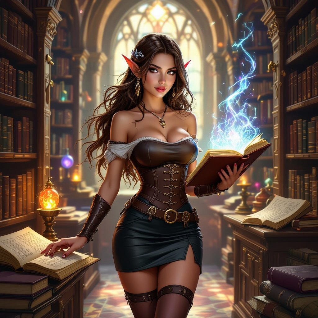 HOT BRUNETTE ELF WITCH LIBRARIAN IN A A TIGHT PENCIL SKIRT AND TUBE TOP