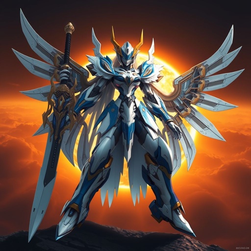 A blue white and gold feminine built mech robot with a giant sword and metal wings fighting on the surface of the sun