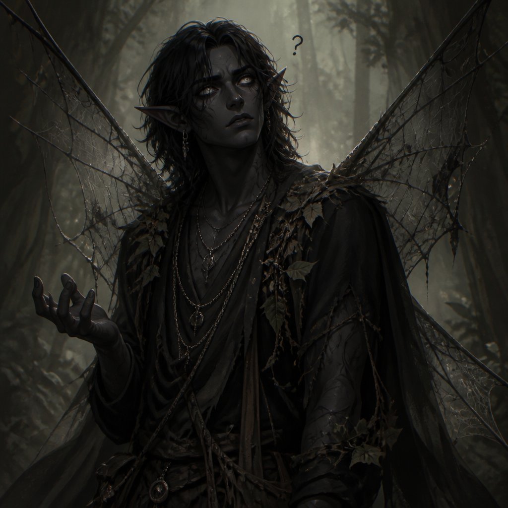 male,shoulder length black messy hair, dark fairy clothes,nature clothes,dark grey skin,pointy ears, ear piercing,multiple necklaces, completely white eyes, spider web wings, forest, confused face expression